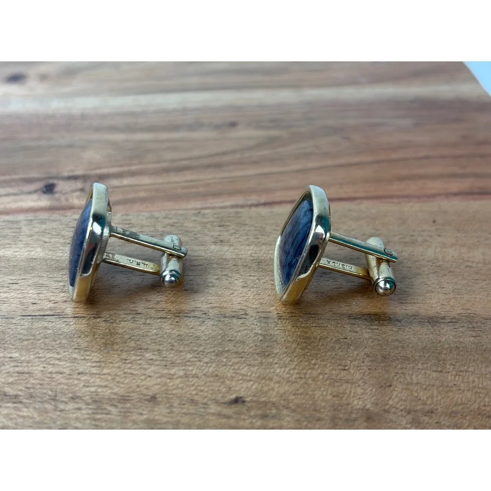 Hickok Cufflinks Blue Gray Gold Vintage MCM Marbled Stone Old Money Toggle